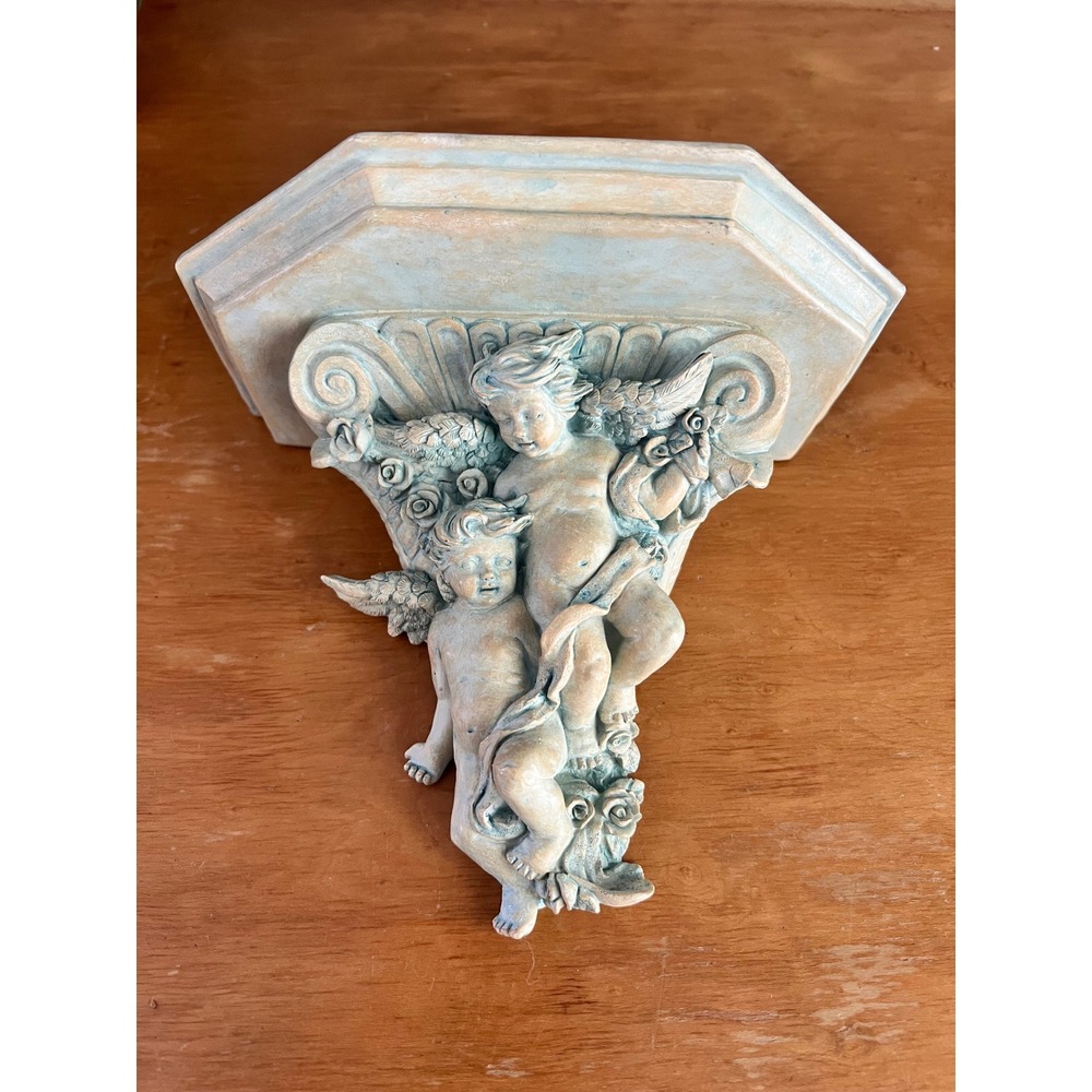 Vintage Cherub Floating Wall Corbel Shelf Heavy Resin Verdigris Angel Putti